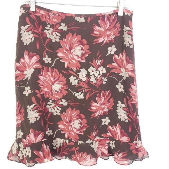 Ann Taylor Skirt Womens 10 Petite Vintage Y2K Silk Ruffle Brown Pink Florals - Picture 1 of 8